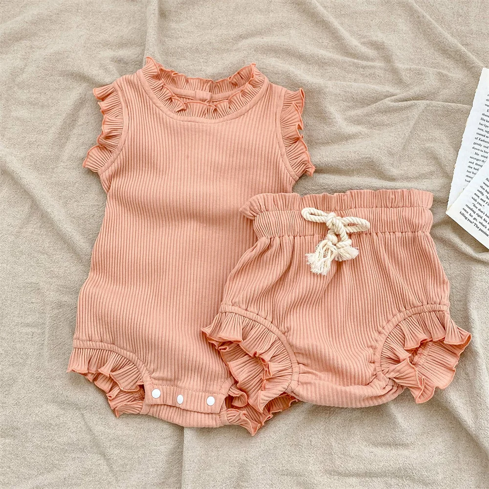 Soft Breathable Newborn Baby Ribbed Clothes Set Ruffle Sleeveless Boy Girl Bodysuit and Elastic Wait Pp Shorts Bloomer 0-24M