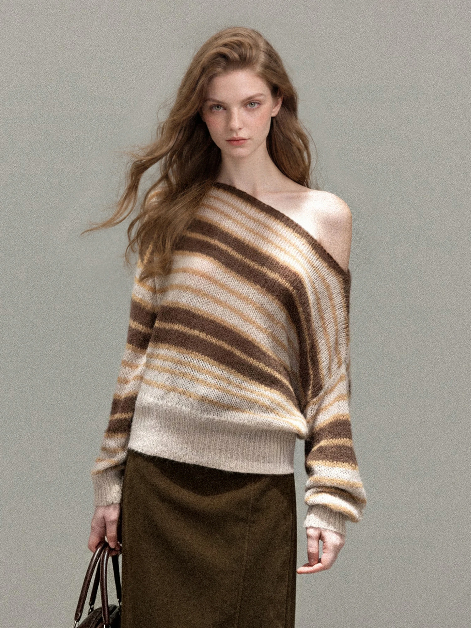 Cafe Au Lait Shoulder Bared Striped Long Sleeve Knitted Sweater Women's Autumn Design Slimming Loose Short Style Winter Top