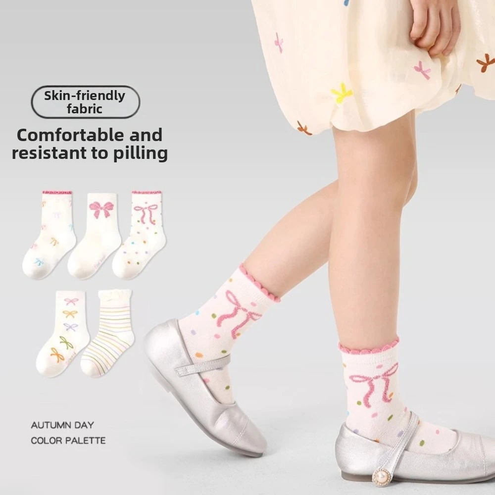 5 Pair Set Ruffle Bowknot Socks Print Pattern Cotton Girls Ankle Socks Breathable Soft Elastic Casual Footwear Socks School