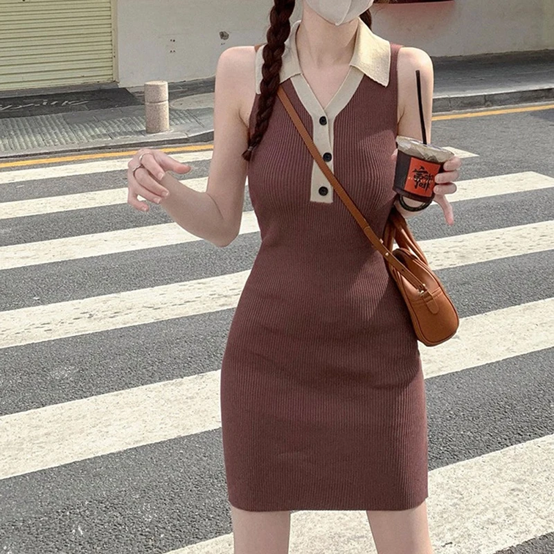 Halter Knitted School Mini Dress Women Korean Style Turn-down Collar Bodycon Wrap Short Dresses