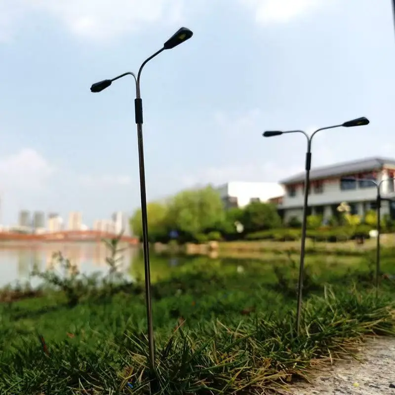 5Pcs Miniature Street Lamp Model 3V Metal Double Head LED Light DIY Railway Train Lamppost Diorama Architecture Scene Materials