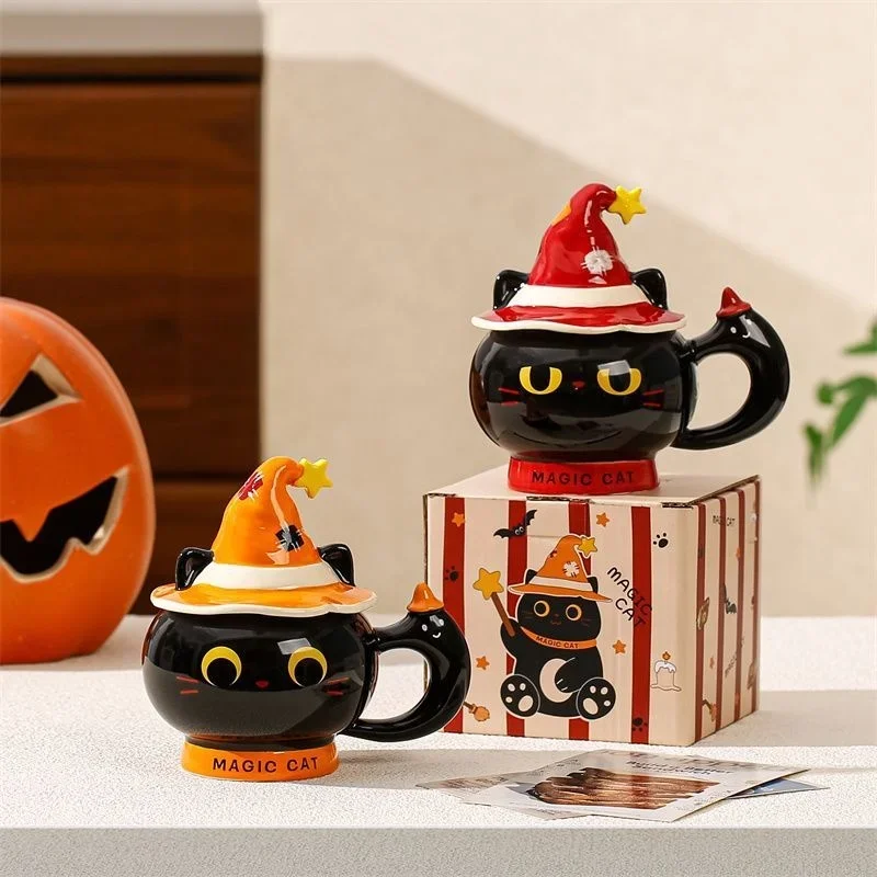 14x7cm Ceramic Cat Mug With Lid Witch Hat Coffee Cup Cute Halloween Tea Milk Cup Water Mug Birthday Gift For Girls Couple