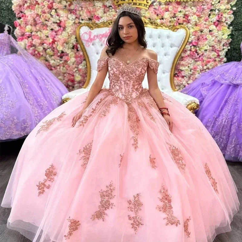 Vestido De quinceañera De princesa con hombros descubiertos para niñas, Vestido De baile De tul con apliques De moda, Vestido De fiesta De cumpleaños De 16 años, Rosa