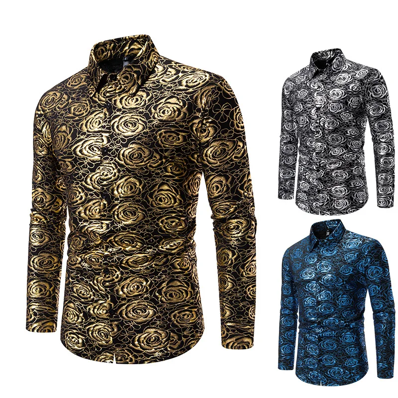 Autumn New Men's European Rose Flower Hot Gold Triangle Neck Long Sleeve Shirt  Men Clothing  Trend