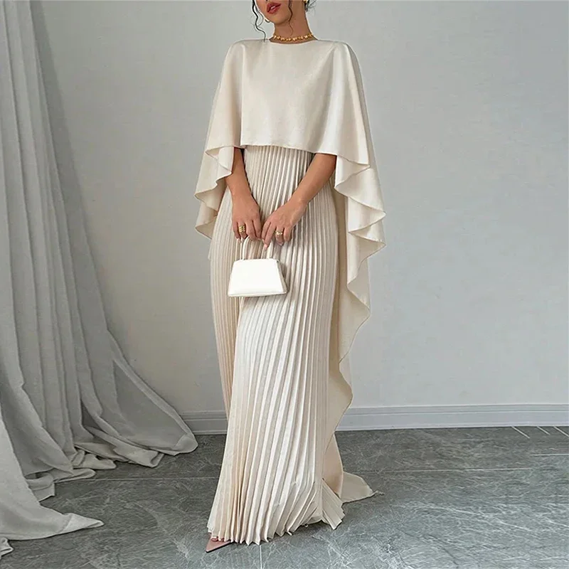 New Spring Elegant Crew Neck Pleated Dresses Women Casual Solid Loose Long Dress Autumn Cloak Sleeves Ruffle Maxi Dress Vestidos