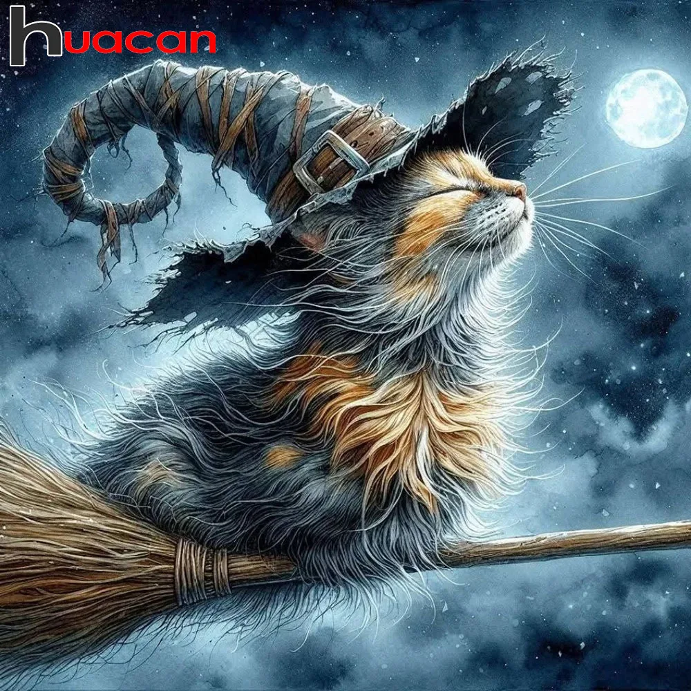 Huacan Diamant Mosaik Katze Tier DIY Diamant Malerei Magischer Besen Bild von Strass Stickerei Mond Halloween Geschenk