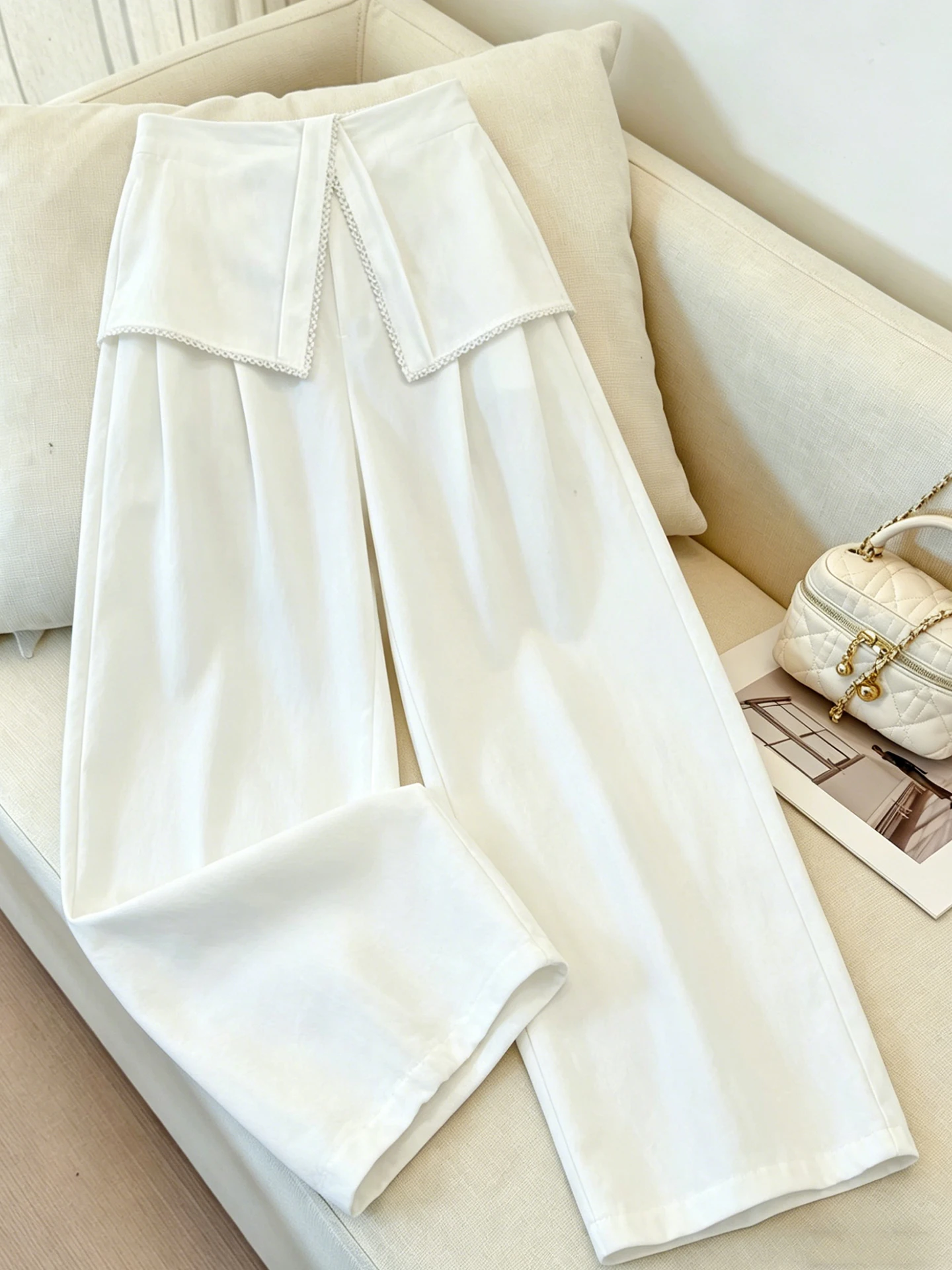 

Summer 2026 Pure Color Design Lace Straight Leg Pants Slimming Versatile Long Commute Casual Pants Women's Fashion Meat Conce...
