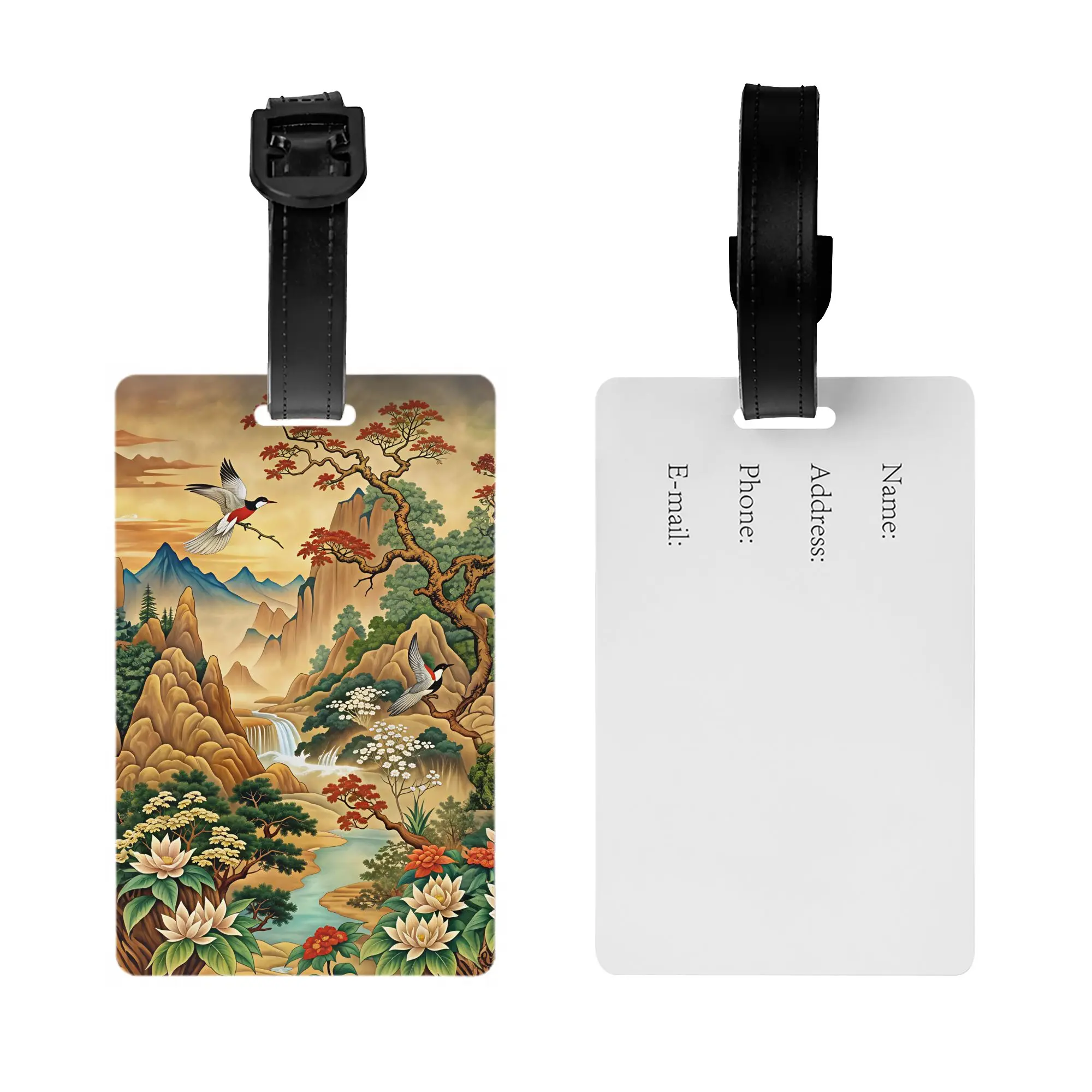 Chinese Magpie Floral Waterfall Mountain Zen  Luggage Tag  Suitcase Baggage Privacy Cover ID Label