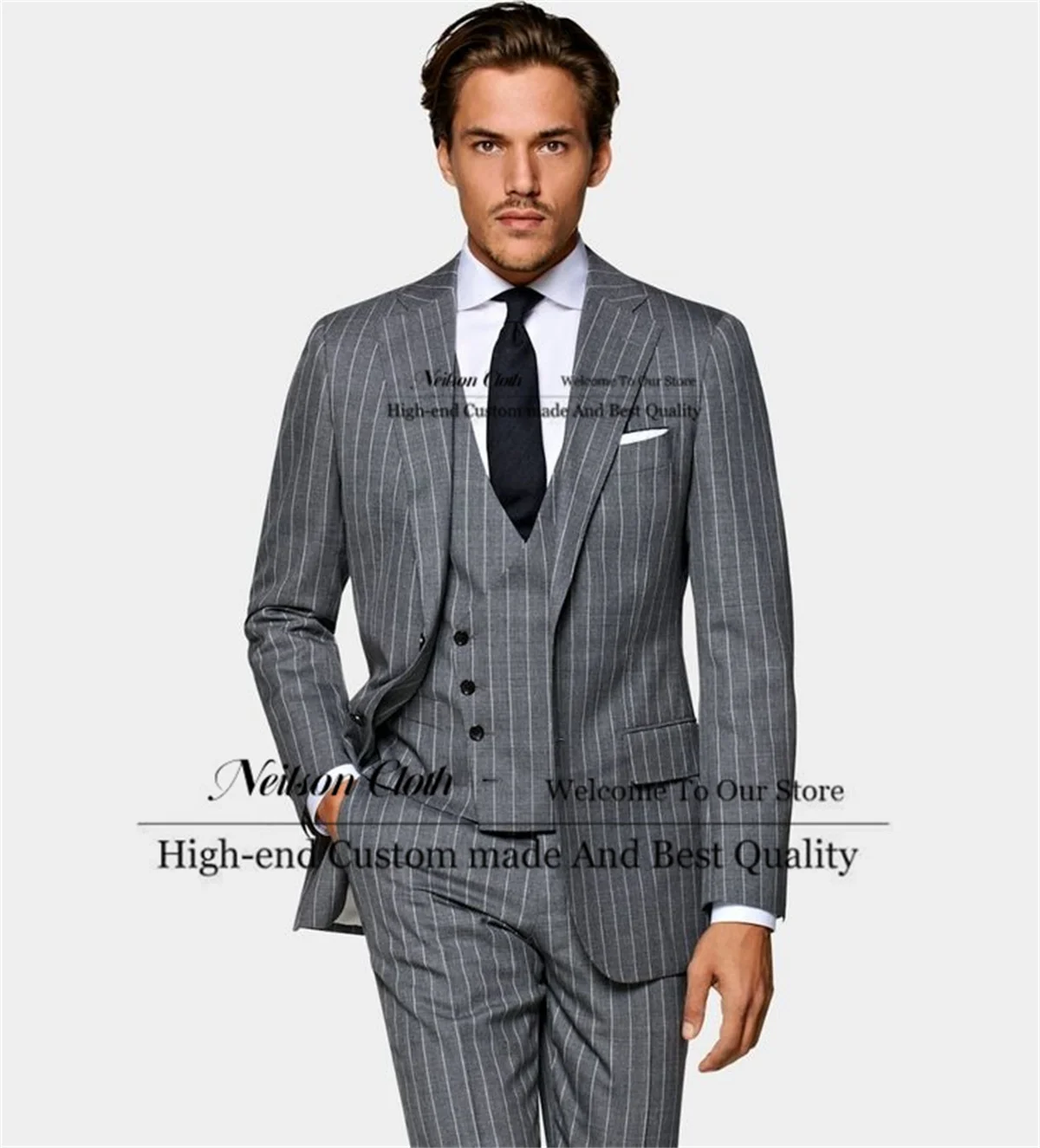 

Grey Stripe Male Prom Blazers 3 Pieces Sets Notched Lapel Groom Wedding Tuxedos For Men Customized Business Terno Masculino