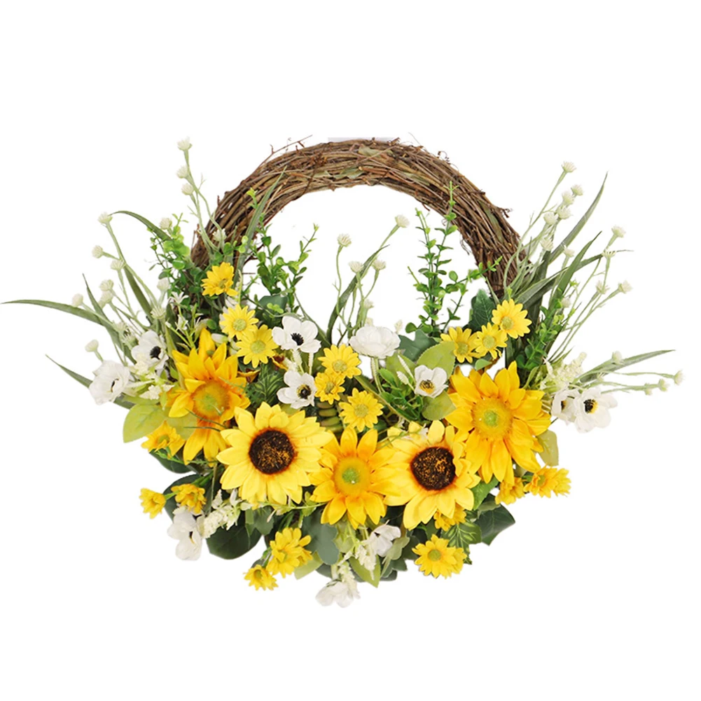 Sunflower-Centered Artificial Wreath with for daisies and Greenery on Handwoven Wood Base for Front Door Porch or Interior Wall