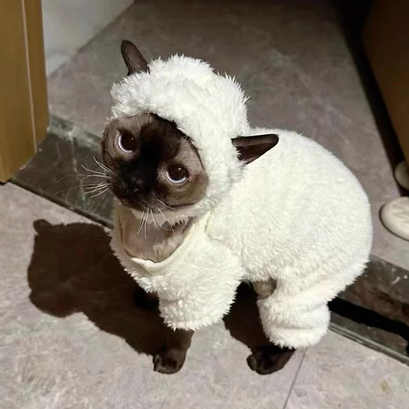 Fashion Sphynx Cat Clothing Hairless Cats White Plush Pullover Sweater Jacket Winter Thickened Warm Coat Outwear Pet Costume