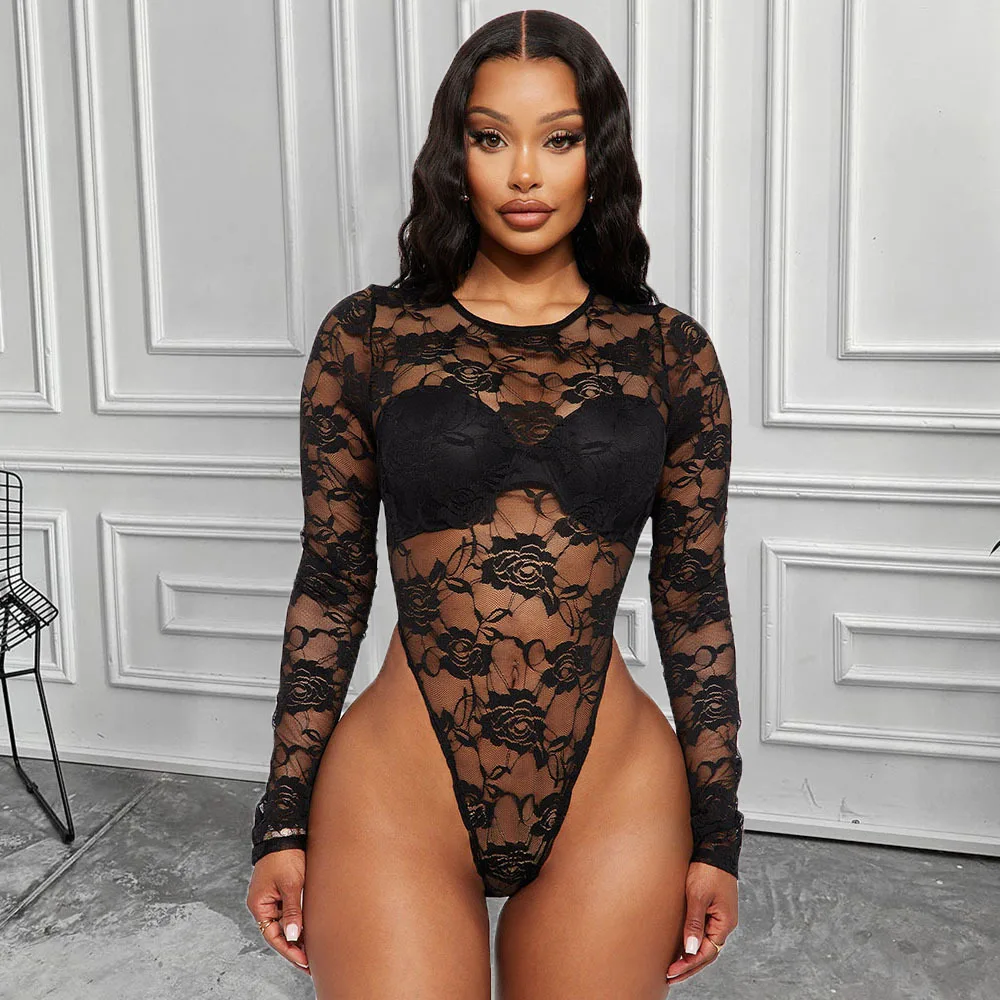 Mesh Lace See Through Sexy 2 Piece Sets Womens Outfits Long Sleeve Round Neck Bodysuit Top and Skirt Pants Leggings Streetwear