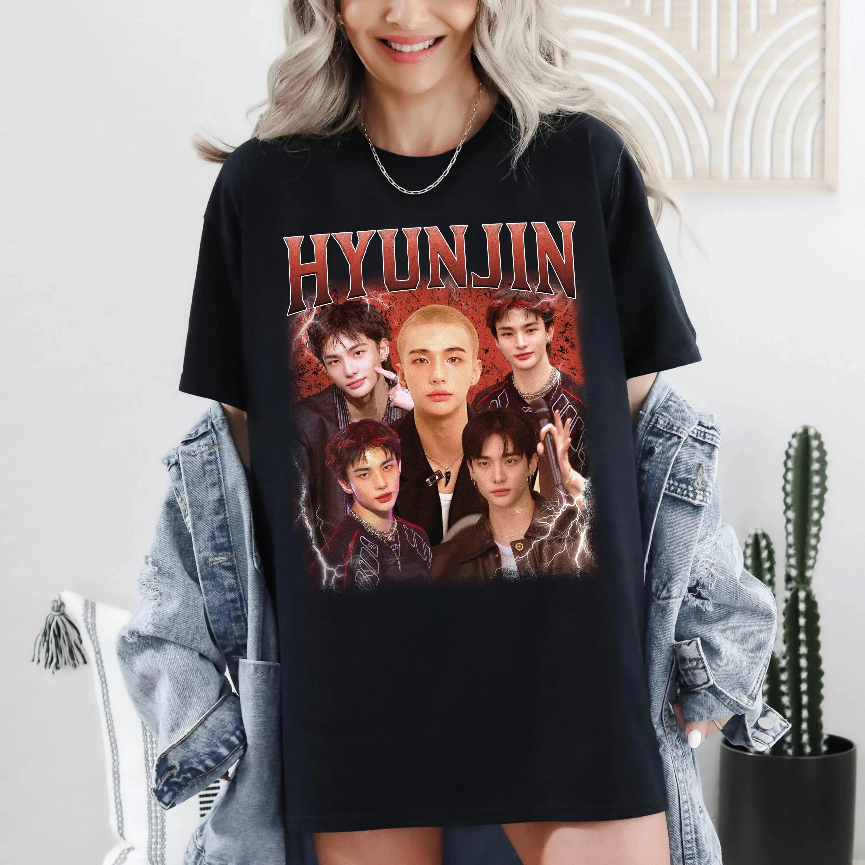 Hyunjin Stray Kids Printed T-shirt Women's Retro Trendy Style Top