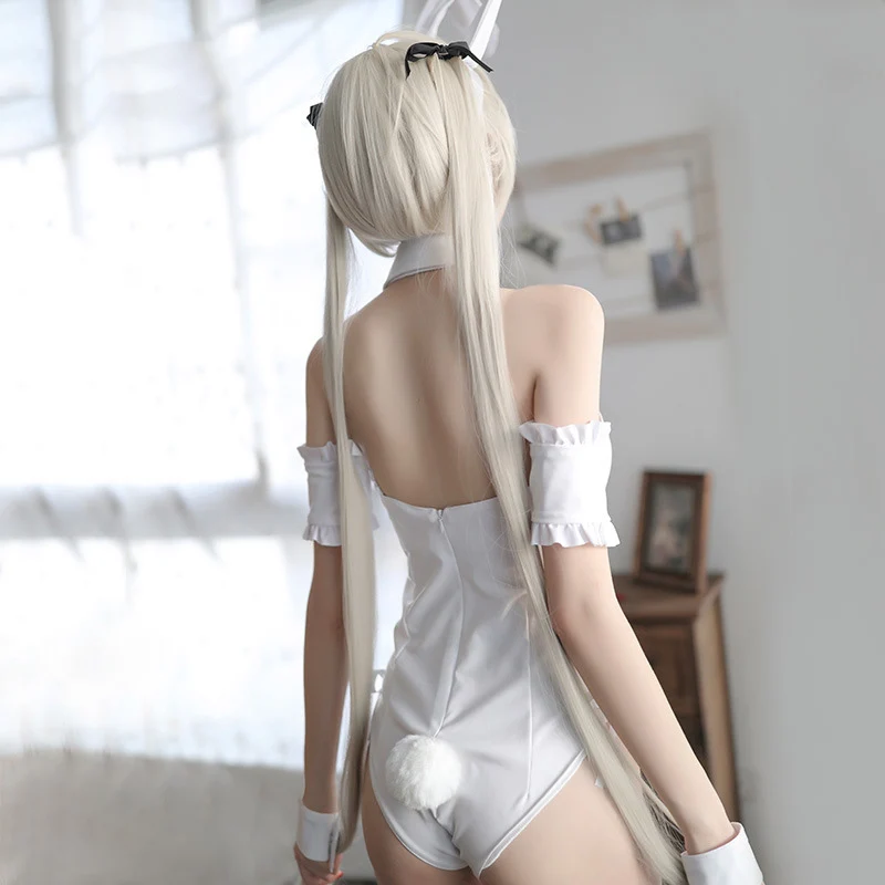Senhoras Branco Bunny Girl Uniforme Erótico Sexy Mulheres Noite Clubwear Fantasias de Coelho Bonito Japonês Impertinente Lingerie Bodysuit