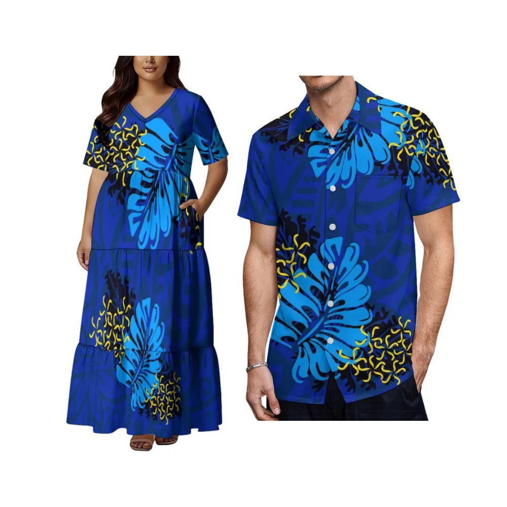 

Summer Casual Style Women'S Long Dress With Pocket Design Men'S Short-Sleeved Shirt Polynesian Custom-Patterned Dress