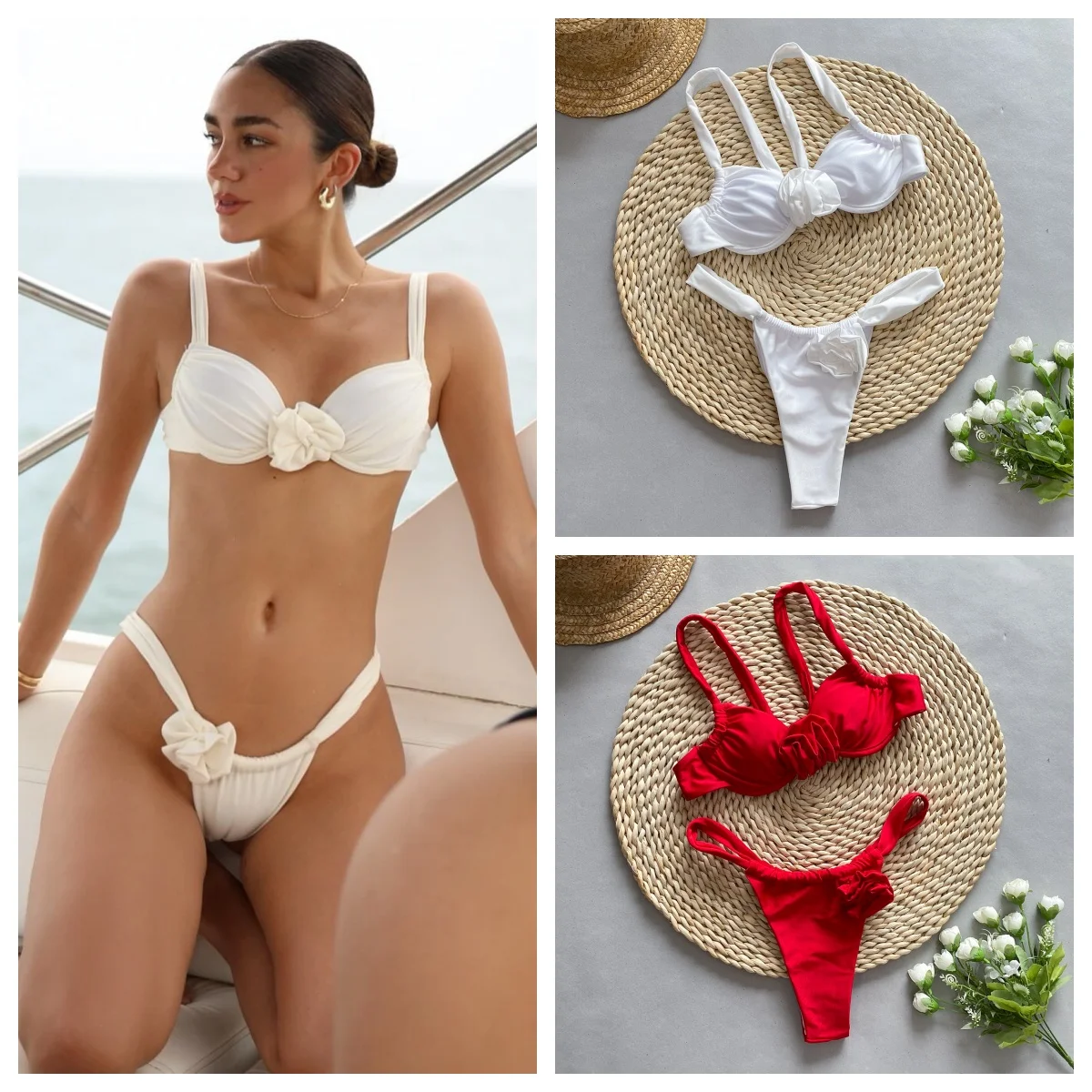 

2024 Flowers Two Pieces of solid color Underwire Push Up Cut Out Beachwear Swimwear Biqunis Brazilian Thong Bikini