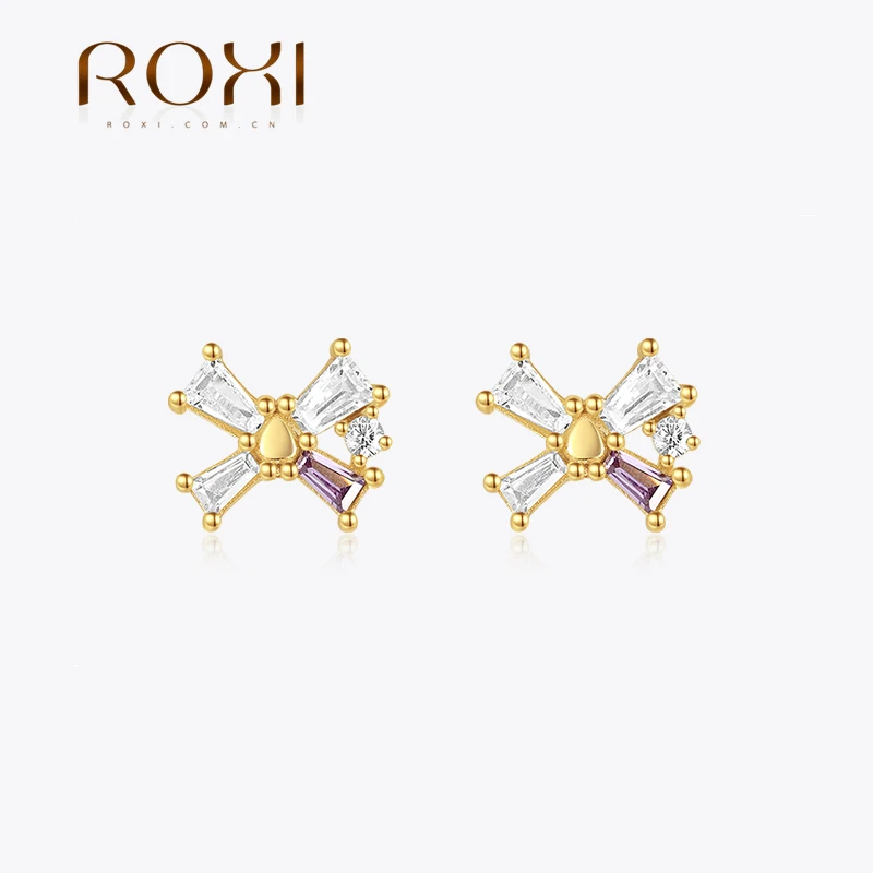 ROXI 925 Sterling Silver Women Sweet  Trapezoidal Splicing Bow Colored Zircon Earrings For Women Girl Party Travel Fine Jewelry