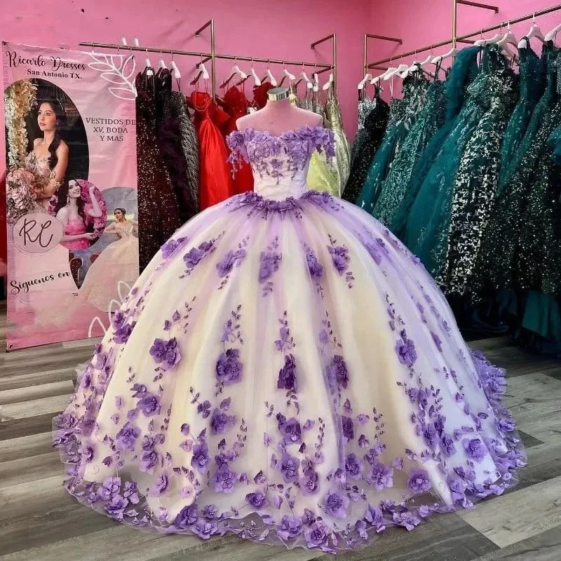 

2024 New Vestidos Sweet Flower 15 Quinceanera Dresses Ball Gown Party Dress Off The Shoulder Birthday Prom Gown Robe De Bal