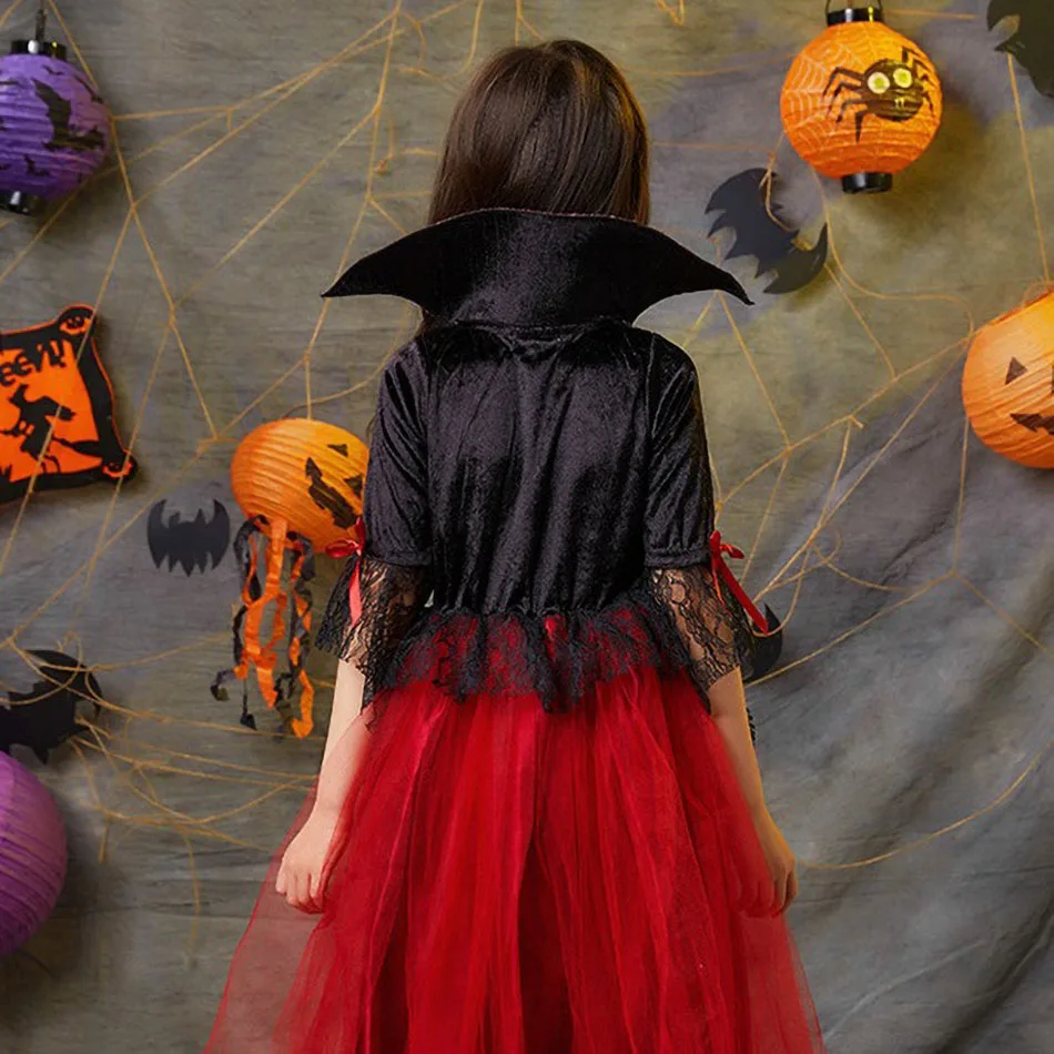 Vampire Costume for Girls Halloween Princess Party Dress Kids Cosplay Dresses Children Stand Collar Tulle Lace Black Red Clothes