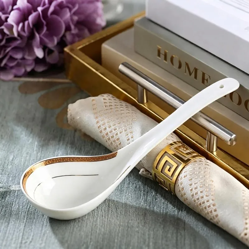 Imagen 3: Cucharón de sopa de porcelana de hueso, cuchara grande, cucharas redondas para servir, estilo coreano, herramientas de cocina, cuchara de sopa de mango largo para servir