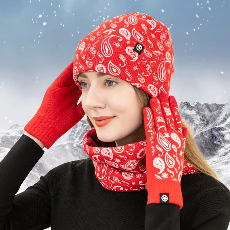 Uomo donna autunno inverno fiore di anacardi cappello di lana sciarpa guanti 3 set di cappello lavorato a maglia stampato colorato alla moda Gorros De Invierno