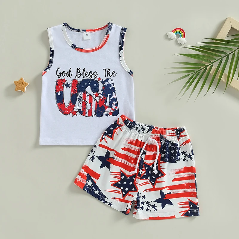 

Toddler Boys 2-Piece Outfit American Flag Print Sleeveless Top with Striped Shorts Set for Fourth of July Celebration