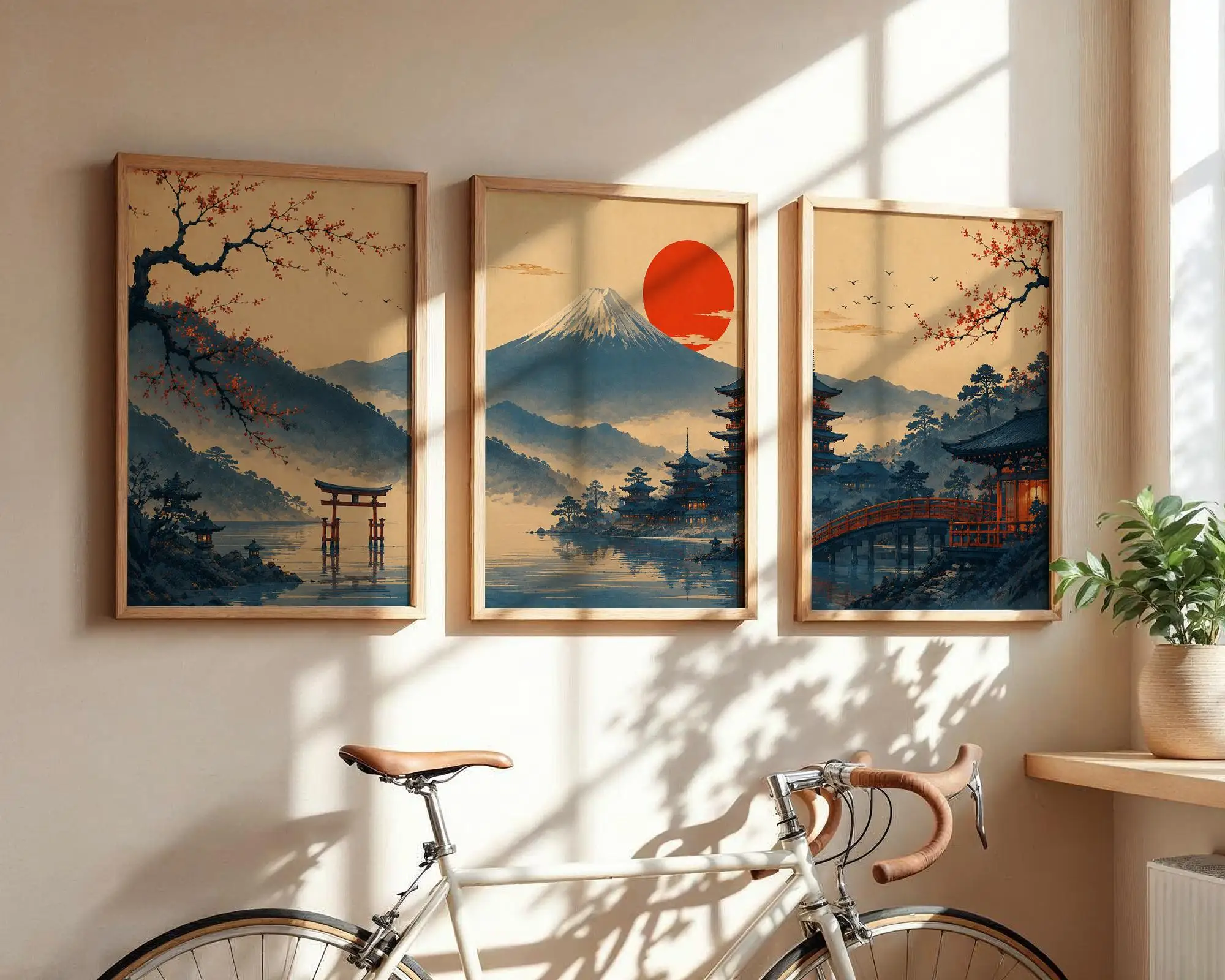 Japanisches Wandkunst-Set mit 3 Bildern, Mount Fuji Torii Gate Pagoden-Drucke, Vintage Ukiyo-e Poster, Kirschblüten-Dekor, Asiatisch Inspiriertes Geschenk – Detail 3
