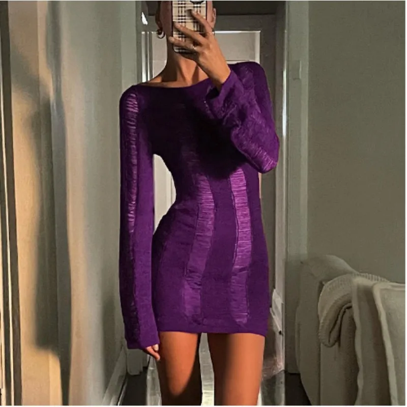 

Long Sleeve O Neck Backless Slim Fit Corset Stretch Hollow Out Dress Spring Aummer Sexy Knitted Bodycon Dress Y2K INS Clothes