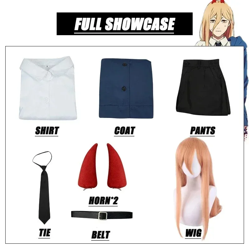 CyPower Cosplay Anime Chainsaw Man Power Cosplay Costume Wig Uniform Blue Jackets Pants Horn Halloween Costumes for Women Girls