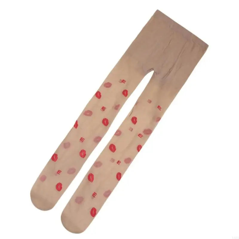 Y88A Women Vintage Thin See Through Pantyhose Japanese Elegant Sexy Lip Print Patterned Sheer Silk Tights Stockings