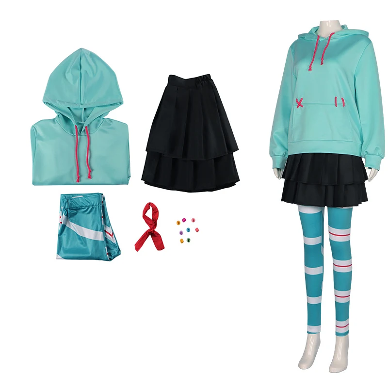 أزياء أنيمي التأثيرية لفيلم Vanellope Von Schweetz أزياء تنكرية بقلنسوة تنورة موحدة أزياء الهالوين الهزلية للنساء والفتيات