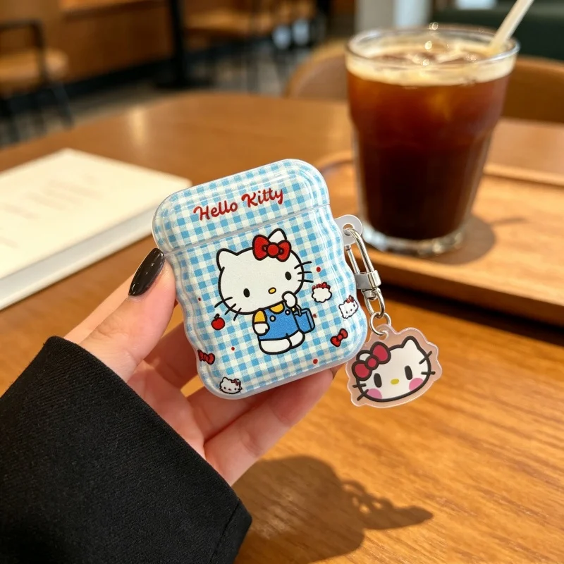 Cute Cartoon Small Fresh Blue Grid Hello Kitty Headphone Case For AirPods 4 2 3 1 Pro 2 3 Wireless Bluetooth Headphone Case view 4