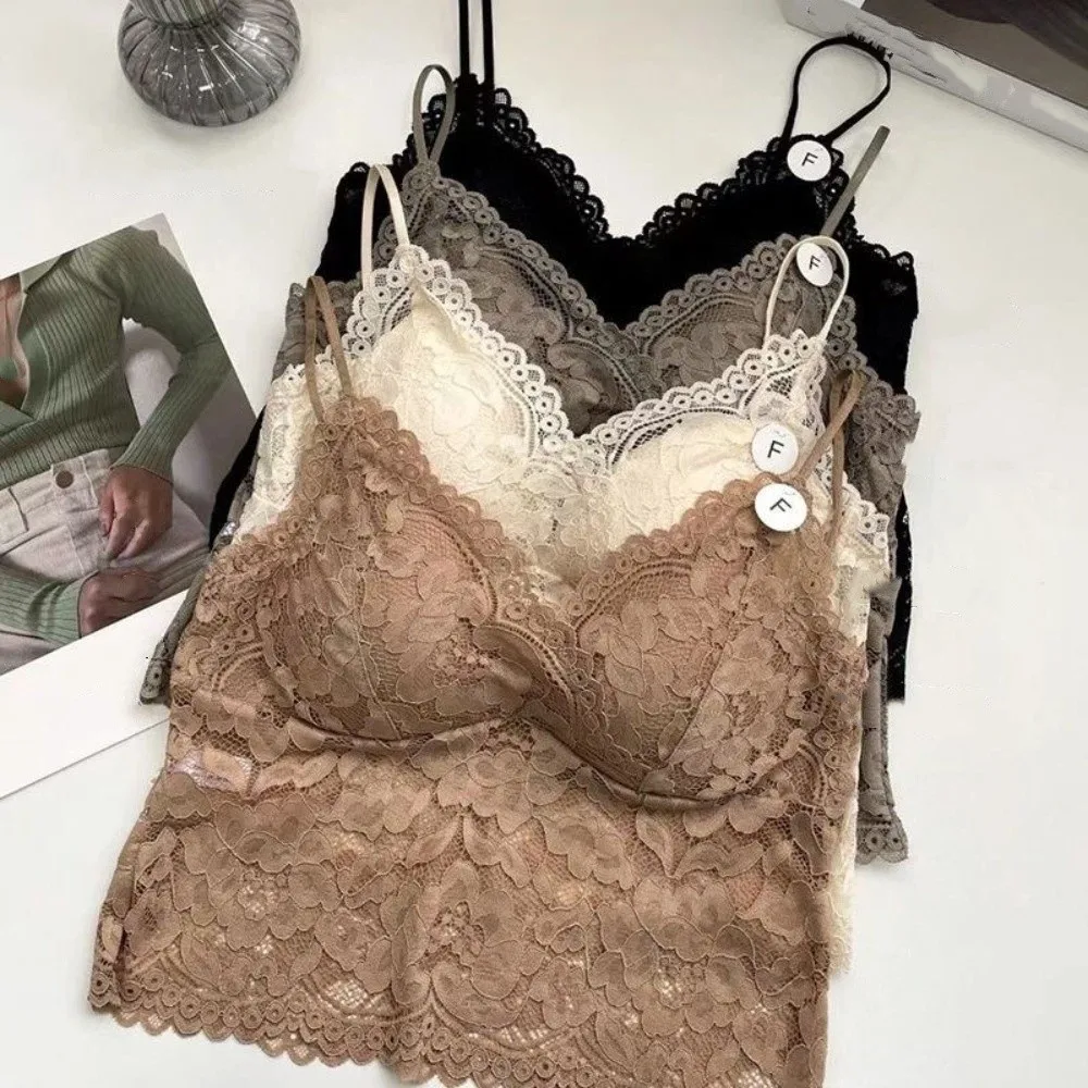 Top Corto de Encaje con Flores de Malla, Estilo Dulce para Primavera y Verano, Camiseta sin Mangas para Chicas, Estilo Picante, Camiseta Interior con Relleno