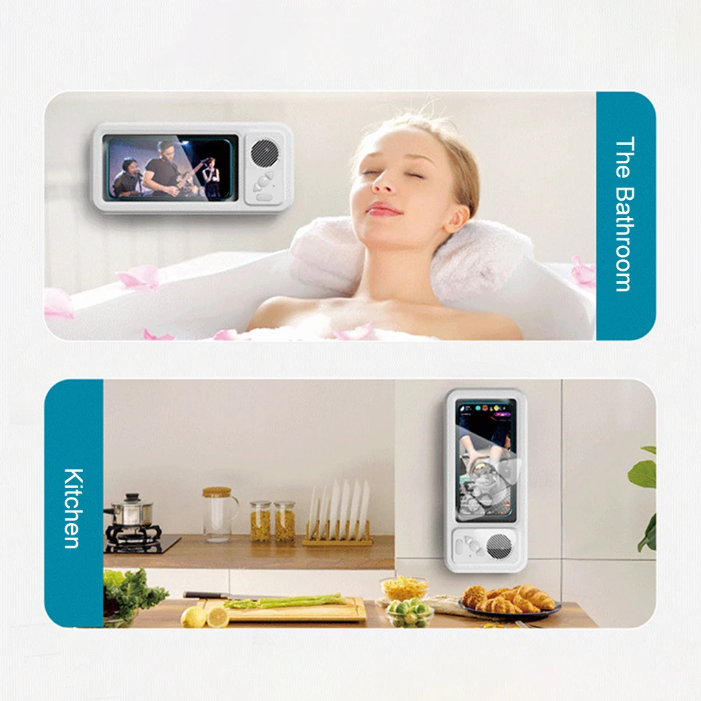 Shower Phone Holder with Bluetooth Speaker IPX4 Waterproof Anti-Fog Touch Screen Wall Mount Phone Holder for Shower Bathroom