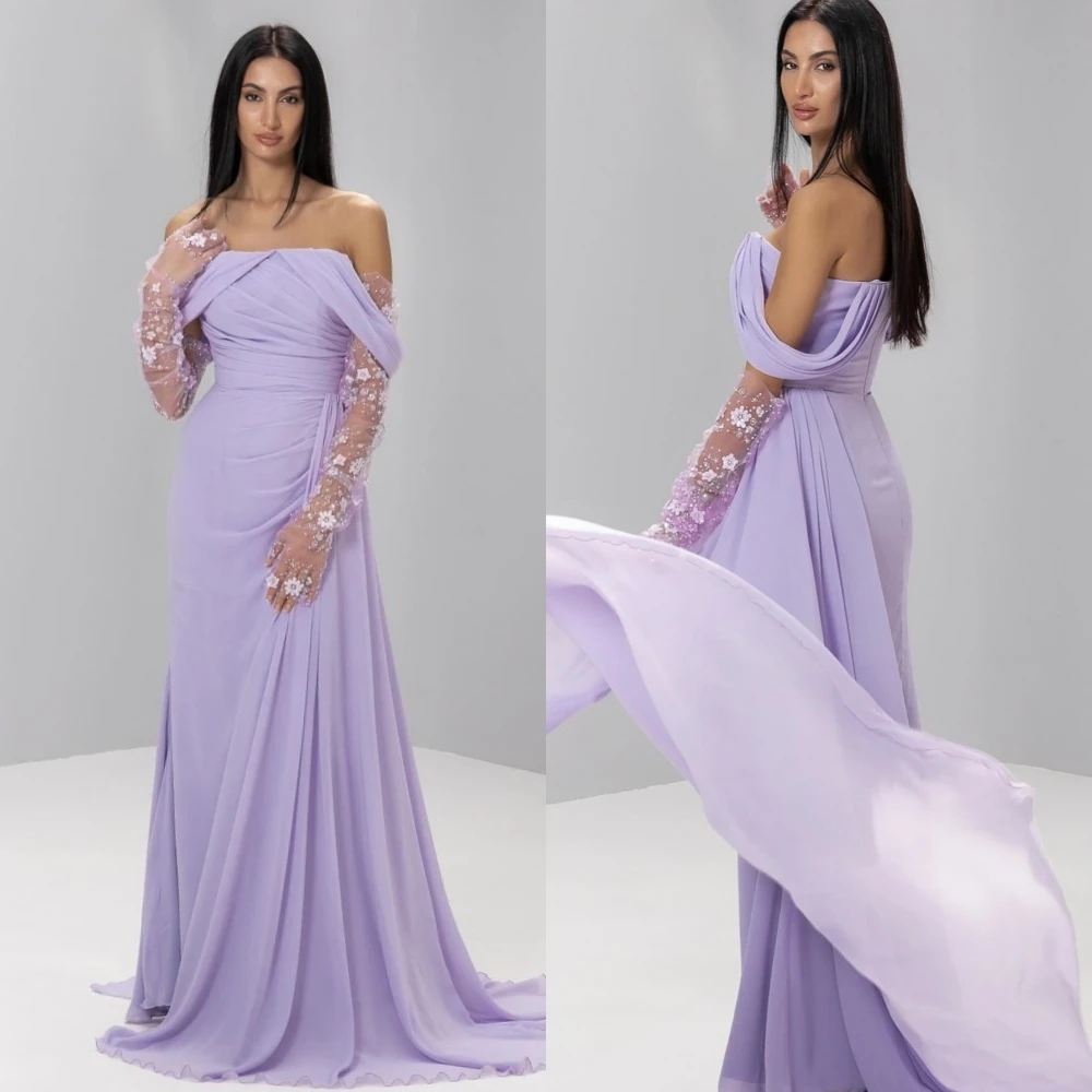 Vestidos de noite formais de estilo moderno personalizados fora do ombro até o chão vestidos de chiffon drapeados