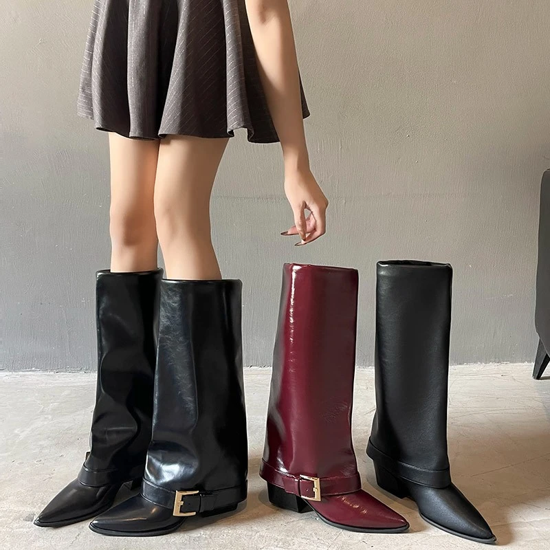 Skinny Temperament Pointed Toe High Heels 2026 New Metal Buckle Thick Heel Long Boots