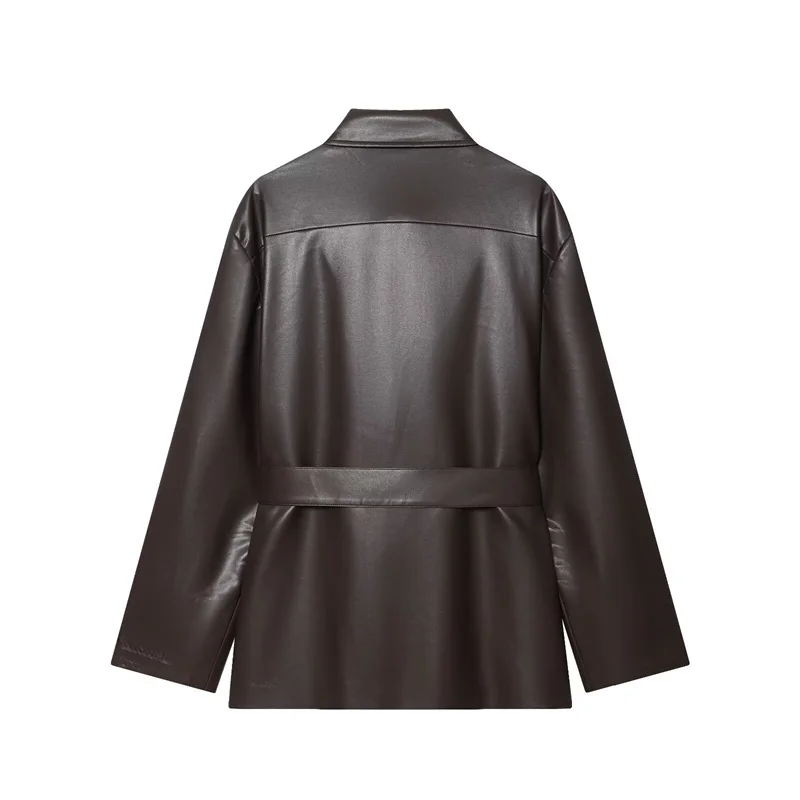 Cappotto da donna effetto ecopelle Cappotto lungo con cintura per giacca casual retrò semplice autunno e inverno