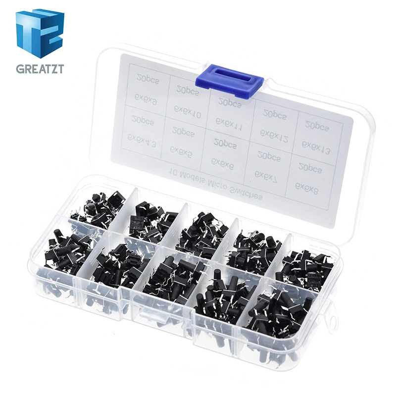 TZT 10 models 100/200pcs 6*6 Tact Switch Tactile Push Button Switch Kit, Height: 4.3MM~13MM DIP 4P micro switch 6x6 Key switch