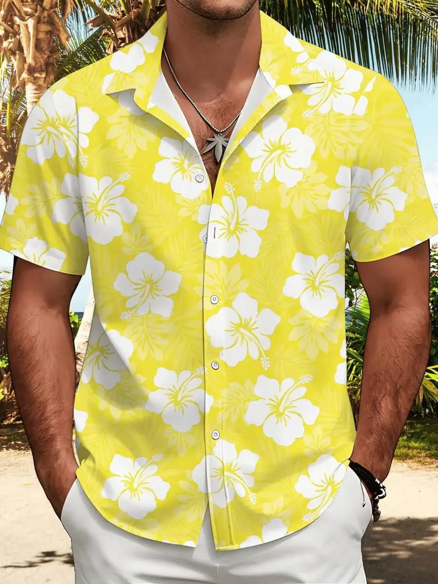 Yellow White Hibiscus Floral Print Short Sleeve Button Up Casual Hawaiian Shirt For Men