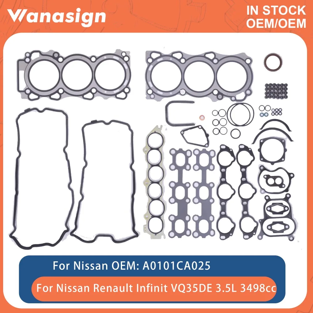 

Полный комплект прокладок двигателя подходит для Nissan Fuga 350 Renault Infiniti QX4 V4Y701 711 715 VQ35DE 3.5L 3498cc 99-13 A0101-CA025
