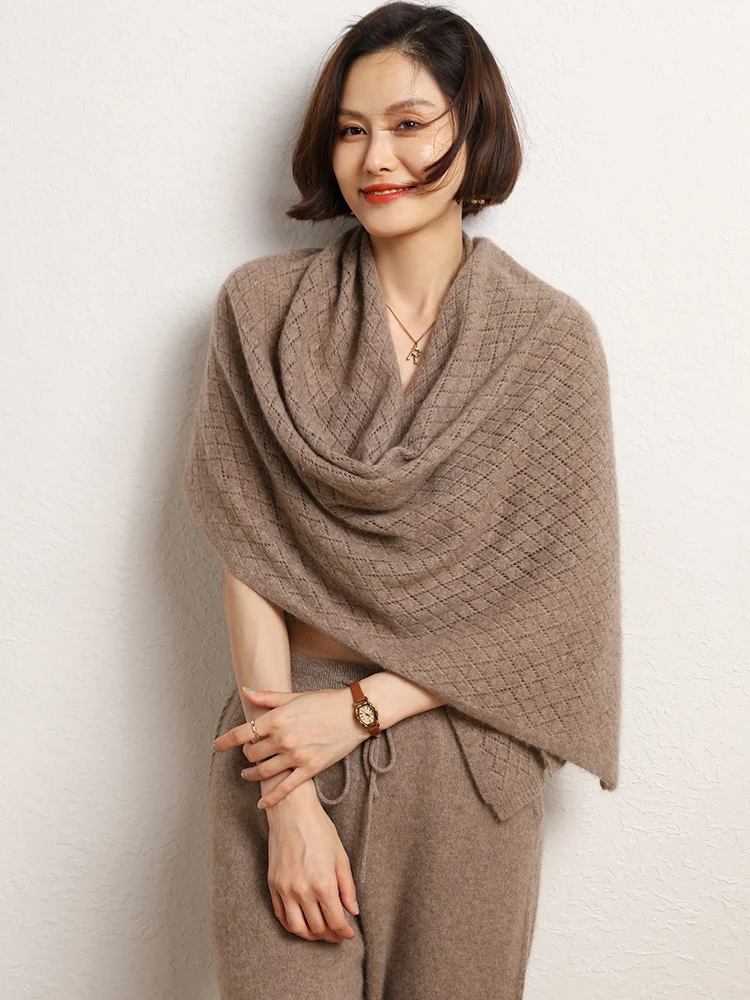 High-end 100% Cashmere Knitted Wraps For Women 2 Purposes Hollow Out Scarf Korea Fashion Pashmina Scarf Warm Soft Wollen Shawls