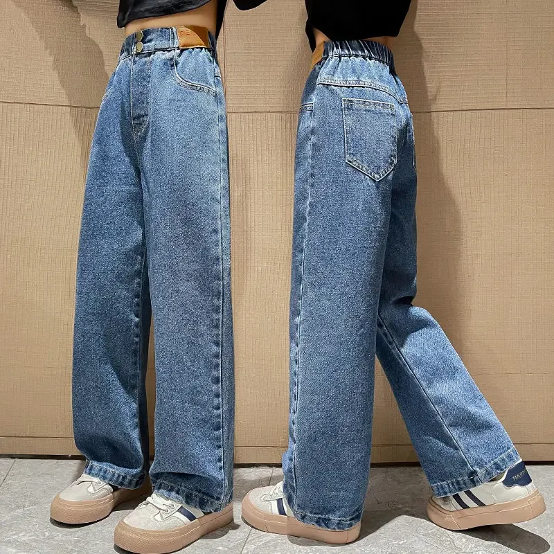 

Fashion Kids Wide Leg Straight Jeans Pants School Children Denim Trousers 5-14Y Teenage Girls Retro Jeans Spring Autumn Casual