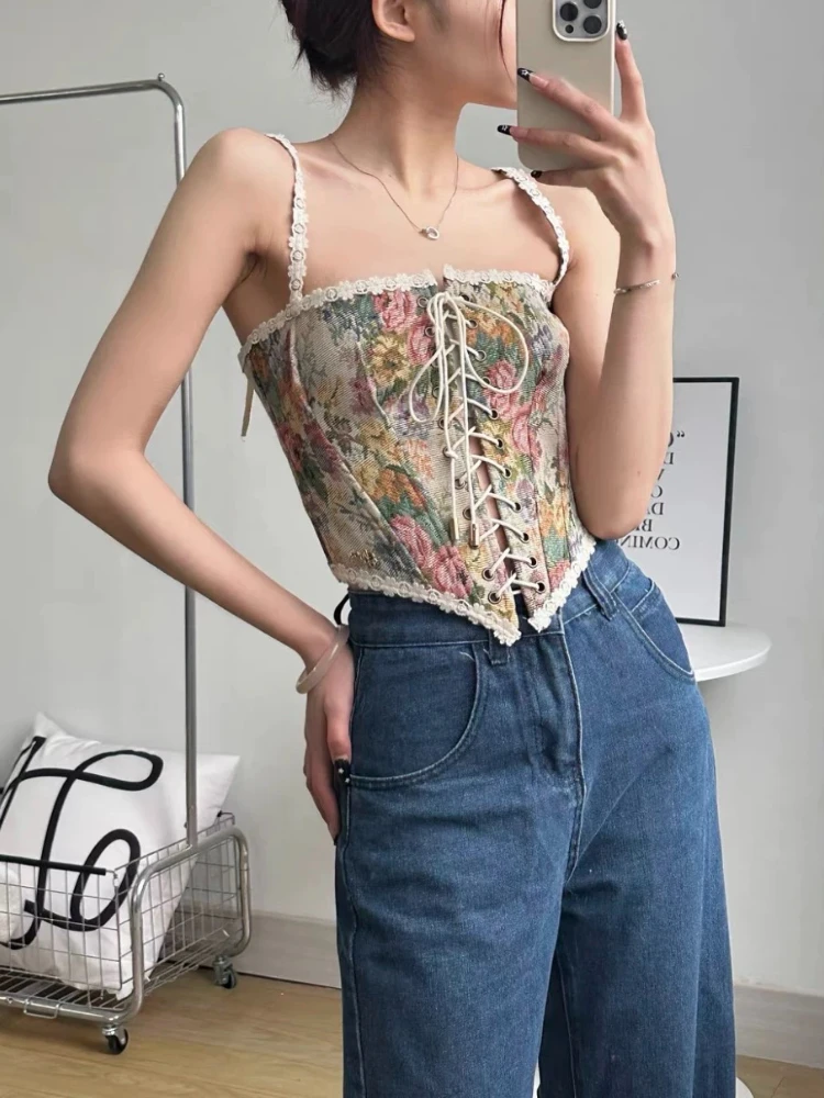 Summer Floral Embroidery Halter Tops Women Print Backless Sexy Vintage Camis Beach Party Korean Chic Casual High Street Clothing