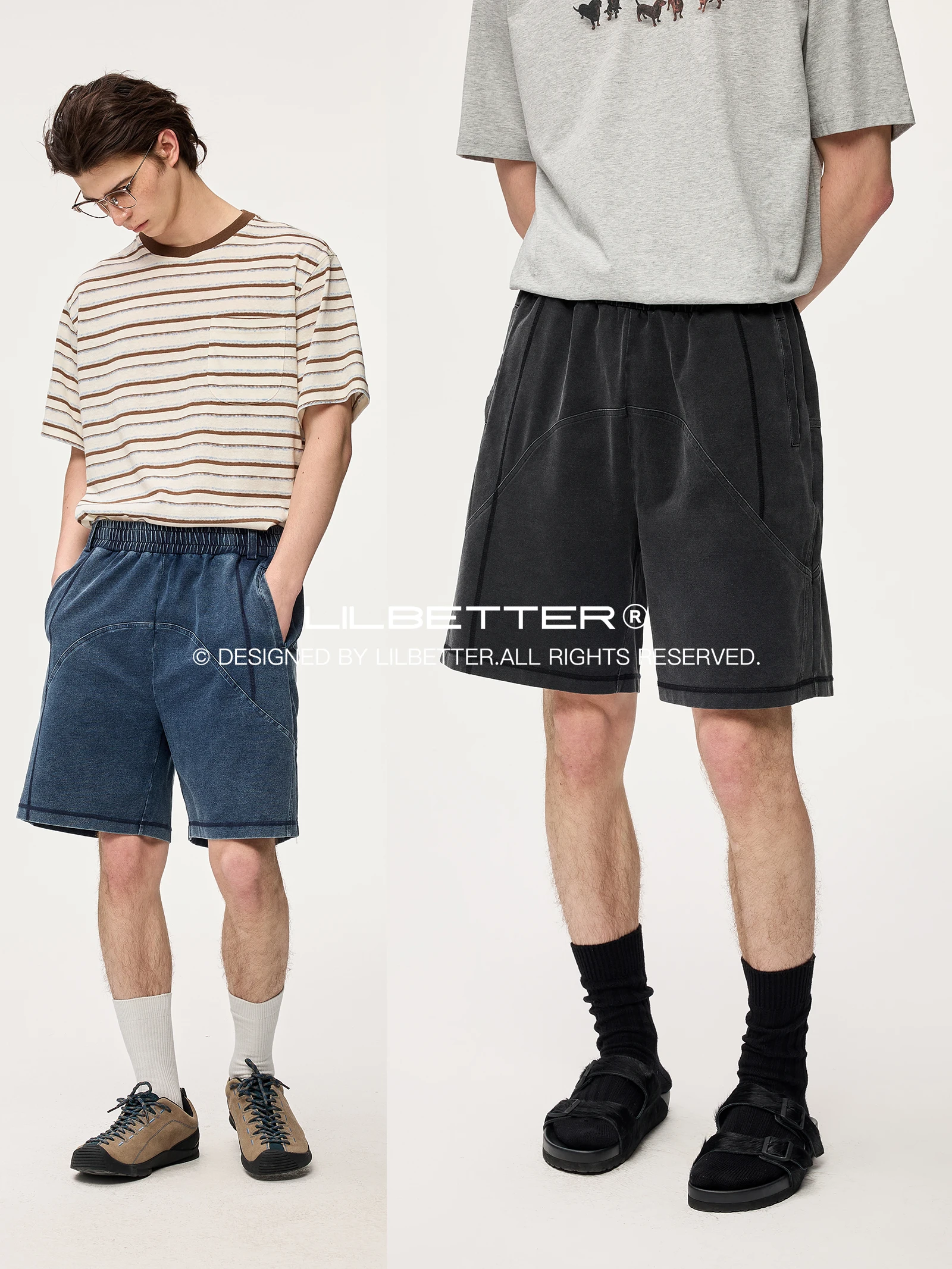 Lilbetter Hsu Line Washed Denim Shorts Elastic Waist Youth Casual Cotton Polyester Blend Summer Shorts Straight Leg Pure Color