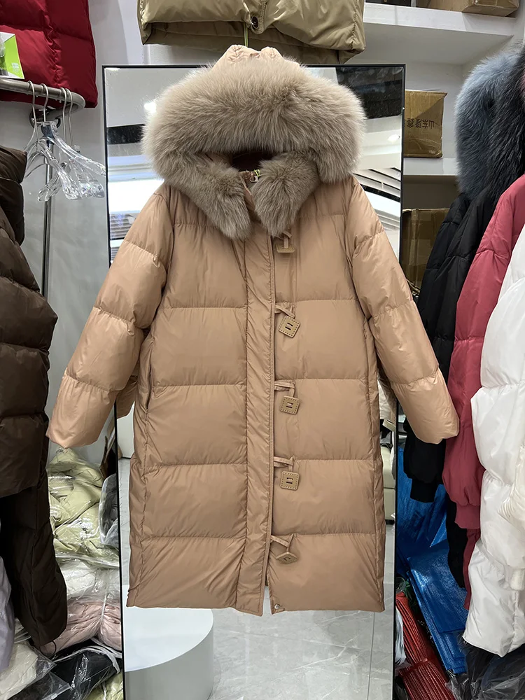 2025 inverno nova jaqueta feminina engrossado sobre o joelho moda versátil quente único breasted pato branco para baixo casaco