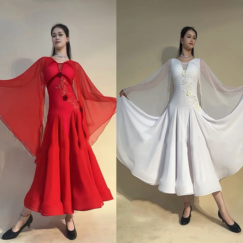 Robe de danse de valse personnalisée pour femmes, robe de concours de danse de salle de bal, longue robe rouge et blanche, Costume de danse sociale de bal L17131