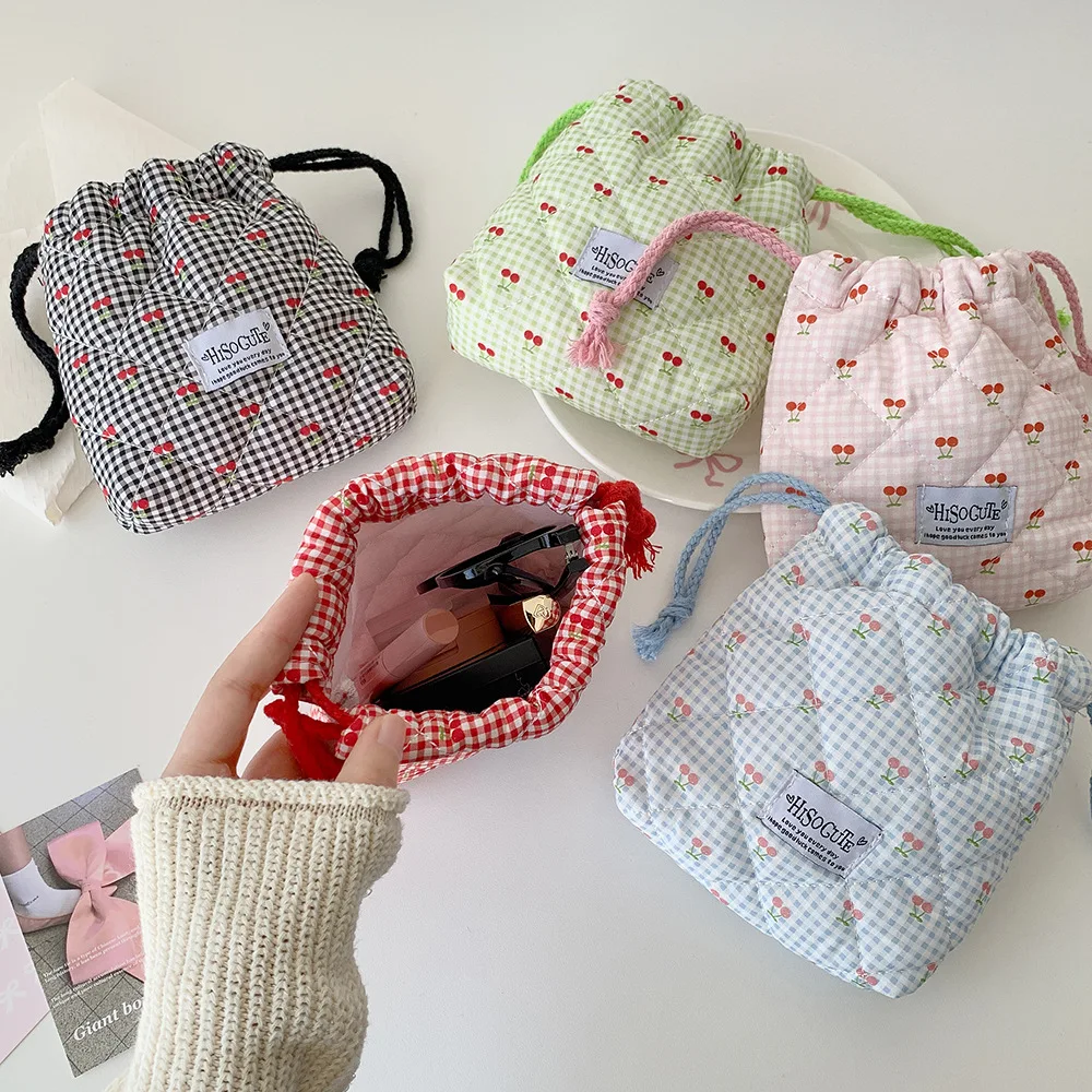 Fresh Plaid Cherry Drawstring Bag, Portable Travel Cosmetics Storage Bag, Miscellaneous Storage Bag, Casual Daily Matching
