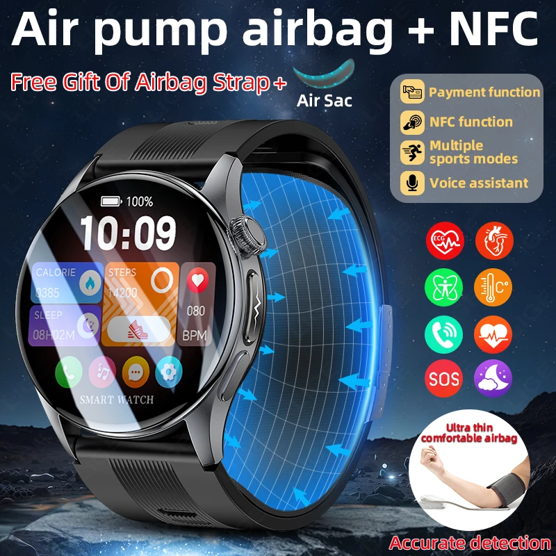 Lige relógio inteligente bomba de ar airbag nfc chamada sem fio à prova dwaterproof água 340mah bateria controle música masculino smartwatch para andr