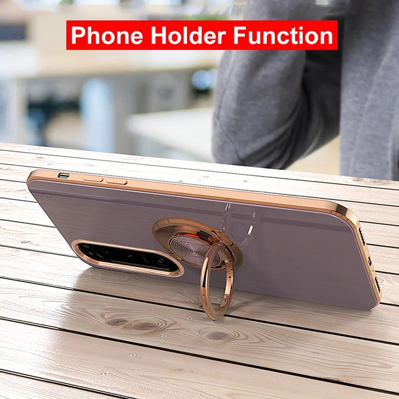 Luxury Plating Silicone Magnetic Ring Holder Phone Case For Sony Xperia 1 5 10 III IV V VI VII Shockproof Electroplated Cover view 5