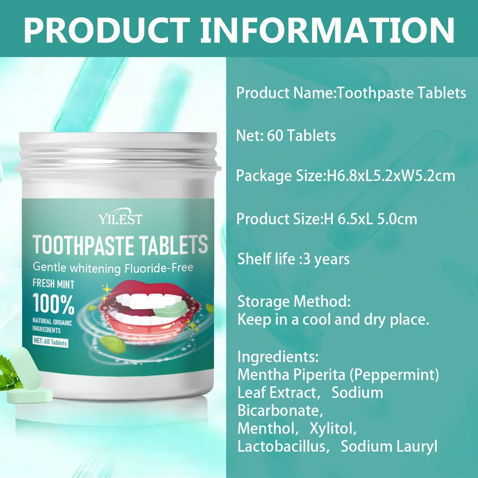 

YILEST Fluoride-Free Toothpaste Tablets 30/60Pcs/box, 5 Scents Gentle Cleaning Double Fresh for Travel Camping Solid Toothpastes